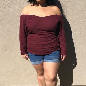 Plus Size Burgundy Off the Shoulder Shirt